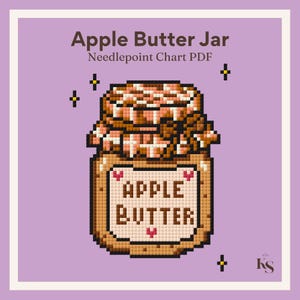 May include: A digital needlepoint chart PDF titled Apple Butter Jar featuring a pixelated illustration of a jar with a checkered lid and a label reading Apple Butter, accented by small pink hearts and yellow star-like symbols on a light purple background.