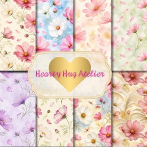 May include: A digital collage of eight floral patterns featuring pink and white cosmos flowers on various backgrounds, including watercolor washes and soft textures. A central gold heart-shaped label displays the text Hearty Hug Atelier.