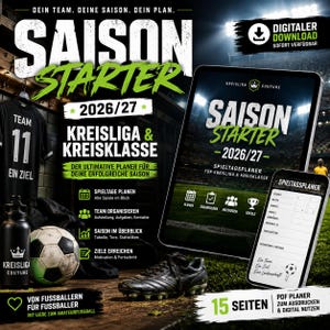 Könnte beinhalten: Ein digitaler Saisonplaner 2026/27 für Fußballteams, dargestellt auf einem Tablet und Smartphone. Das Bild zeigt ein schwarzes Trikot, einen Fußball und Fußballschuhe sowie Text zu Funktionen wie Spieltagsplanung, Teamorganisation und Statistiken.