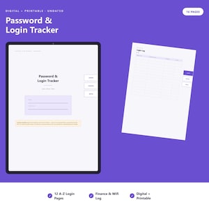 Puede incluir: Un rastreador de contraseñas e inicios de sesión digital e imprimible de 16 páginas. El diseño muestra una pantalla de tableta con un formulario de inicio de sesión y una página de documento con una tabla de registro de inicios de sesión.