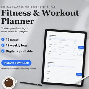 Puede incluir: Un planificador digital de fitness y entrenamiento para GoodNotes y iPad. El texto dice Fitness & Workout Planner, 12 weekly workout logs, measurements, progress, 16 pages, 12 weekly logs, Digital + printable, INSTANT DOWNLOAD, Undated, GoodNotes, Notability & more.