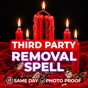 May include: Five red pillar candles with lit flames are arranged on a red surface with scattered red rose petals and clear crystals. The text reads: THIRD PARTY REMOVAL SPELL, 24 HOURS, SAME DAY, PHOTO PROOF.