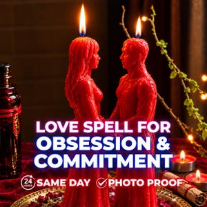 Peut inclure: Deux bougies en cire rouge en forme de silhouettes humaines se faisant face avec des mèches allumées. Le texte indique : LOVE SPELL FOR OBSESSION & COMMITMENT, 24 HOURS SAME DAY, PHOTO PROOF. Les figurines ont des surfaces texturées.