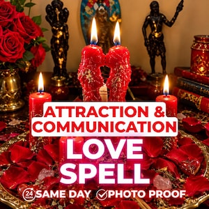 May include: Two red figural candles shaped like human silhouettes are joined together with lit wicks. They sit on a gold tray surrounded by red rose petals, crystals, and smaller red candles. Text reads: ATTRACTION & COMMUNICATION LOVE SPELL 24 HOURS SAME DAY PHOTO PROOF.