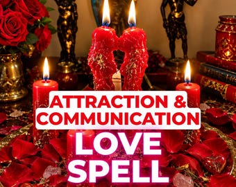 May include: Two red candles shaped like figures facing each other, surrounded by red rose petals on a gold tray. The text reads: ATTRACTION & COMMUNICATION LOVE SPELL 24 HOURS SAME DAY PHOTO PROOF. Additional red candles and statues are visible.