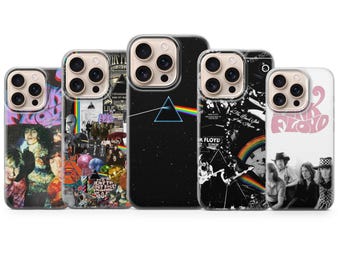 Peut inclure: Cinq coques de smartphone présentant diverses illustrations d'albums et images du groupe Pink Floyd. Les designs incluent un collage coloré, le prisme emblématique sur fond noir, un montage en noir et blanc avec un arc-en-ciel et un logo rose.