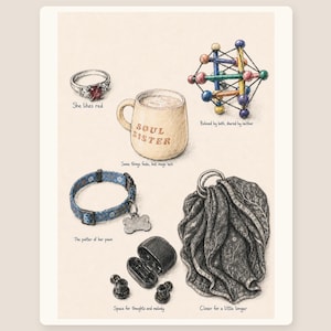 May include: An illustration featuring a red gemstone ring, a mug labeled SOUL SISTER, a colorful geometric toy, a blue patterned pet collar with a bone tag, black wireless earbuds in a charging case, and a dark patterned fabric wrap with rings.