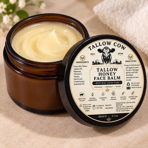 Op de afbeelding: Een open amberkleurige glazen pot met lichtgele talk-honing gezichtsbalsem. Het zwarte deksel bevat de tekst TALLOW COW, TALLOW HONEY FACE BALM en somt ingrediënten op zoals talk, jojoba-olie, bijenwas, vitamine E, honing, mirre en wierookolie. Het etiket vermeldt 60ml.