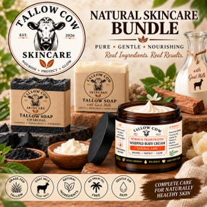 Puede incluir: Un conjunto de cuidado de la piel Tallow Cow Skincare que incluye jabón de sebo con carbón, jabón de sebo con leche de cabra y crema corporal batida de mirra e incienso. Las etiquetas muestran ilustraciones de vacas e ingredientes.