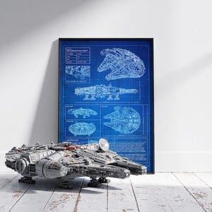 Può includere: Un dettagliato modello in plastica grigia dell'astronave Millennium Falcon posizionato davanti a un poster con progetto tecnico blu incorniciato. Il poster mostra disegni tecnici, specifiche e il testo Millennium Falcon in inchiostro bianco su sfondo blu.
