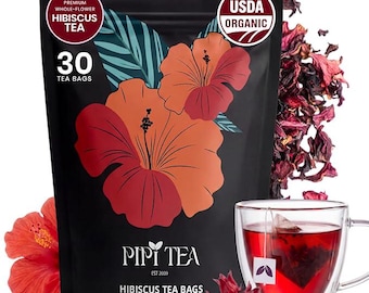 PiPi Tea Organic Hibiscus Tea Bags – Caffeine Free Herbal Tea Rich in Antioxidants, Non-GMO & Vegan, Heart Health Support, 60g