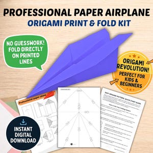 May include: A professional paper airplane origami print and fold kit featuring a purple paper airplane, instructional diagrams, and a quick start guide. Text includes "Professional Paper Airplane Origami Print & Fold Kit," "No Guesswork! Fold Directly On Printed Lines," "Origami Revolution! Perfect For Kids & Beginners," and "Instant Digital Download."