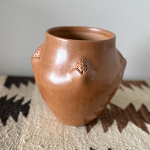 Op de afbeelding: Een gladde, terracotta-kleurige keramische pot met een brede, ronde buik en een smalle opening. De buitenkant is voorzien van drie gelijkmatig verdeelde, verhoogde decoratieve elementen in de vorm van kleine, puntige kapjes met stippen.