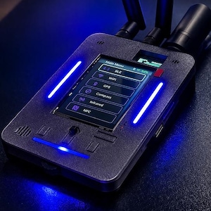 May include: A black handheld electronic device with three antennas and a rectangular screen displaying a Main Menu with options for BLE, WiFi, GPS, Compass, Infrared, and NFC. The device features two vertical blue light strips and a blue status light.
