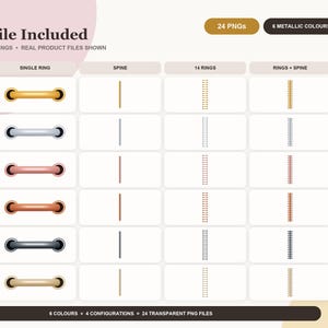 Könnte beinhalten: Eine digitale Download-Übersicht mit 24 PNG-Dateien von metallischen Binderringen und Buchrücken in Gold, Silber, Roségold, Kupfer, Schwarzchrom und Champagnergold. Die Tabelle zeigt vier Konfigurationen: Einzelring, Buchrücken, 14 Ringe und Ringe.