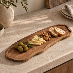 Peut inclure: Une planche de service en bois allongée aux bords naturels avec un grain brun foncé lisse. La planche est disposée avec un petit tas d'olives vertes, trois fines tranches de fromage jaune pâle, une poignée de noix et deux tranches de pain grillé.