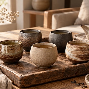 May include: A set of five ceramic tea cups with varied textures and finishes, including speckled beige, dark charcoal, and brown with horizontal brushstroke patterns. The cups are rounded and handleless, each containing a light-colored tea liquid.