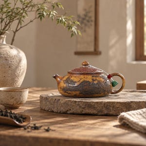 Op de afbeelding: Een bruine keramische theepot met een ingewikkeld reliëf van een draak op de behuizing en een getextureerd deksel. De theepot heeft een klein handvat met een decoratieve rode kraal en een groen kwastje, rustend op een platte, ronde stenen voet.