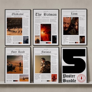 Puede incluir: Una colección de seis pósteres verticales con diseños de temática cinematográfica. Cinco pósteres muestran títulos de películas como Gladiator, The Batman, Léon, Fury Road y Furiosa con texto descriptivo, imágenes y paletas de colores. El sexto póster muestra un gran número cinco negro con el texto Poster Bundle y un icono de sello circular rojo.