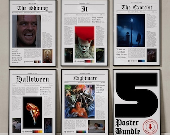 Classic Horror Movie Poster Bundle, Spooky Wall Art, Stephen King Aesthetic Decor, Vintage Cinema Prints, Minimal Tabloid Digital Download