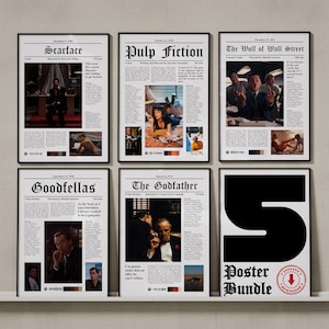 Può includere: Una collezione di sei locandine cinematografiche con layout in stile giornale per Scarface, Pulp Fiction, The Wolf of Wall Street, Goodfellas e The Godfather, più un poster in bianco e nero con il numero 5 e il testo Poster Bundle.