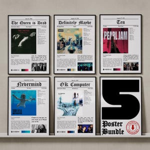 May include: A collection of six rectangular posters featuring music album art and tracklists. Five posters display iconic album covers including The Queen is Dead, Definitely Maybe, Ten, Nevermind, and OK Computer. The sixth poster features a large black number 5 and the text Poster Bundle.