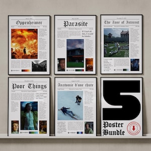 Può includere: Una collezione di sei poster rettangolari con layout in stile giornale a tema cinematografico. Ogni poster mostra il titolo di un film, la data, il regista, la sinossi e le immagini delle scene. Il poster in basso a destra presenta un grande numero 5.