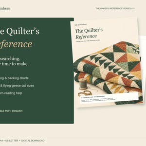 May include: A digital reference guide titled The Quilter's Reference, featuring a folded quilt with geometric patterns in green, orange, and cream. The document includes text about binding, backing, and HST cut sizes, plus a spool and scissors.