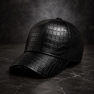 Op de afbeelding: Een zwarte baseballpet met een textuur van krokodillenleer over het gehele oppervlak. De pet heeft een gestructureerde kroon, een gebogen klep en een kleine knoop in het midden, met een consistent reliëfpatroon van schubben over het ontwerp.