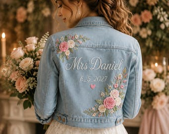 Personalized Floral Embroidered Denim Jacket, Custom Mrs. Bridal Gift