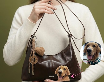 Personalisierte Schultertasche mit Haustierporträt, Handtasche mit Hunde- oder Katzenfoto, braune Hobo-Tasche aus PU-Leder, Geschenk für Tierliebhaber