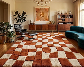 Mid Century Modern Wavy Checkerboard Rug | Tufted Shag Area Rug | Retro Orange Brown Cream Aesthetic | Groovy Pop Art Carpet |