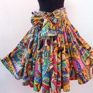 Wide multicolored skirt  elasticated at the waist in several lengths available