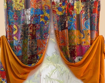 Multicolored PATCHWORK CURTAIN custom-made curtain cotton curtain with solid color lining to match the patchwork