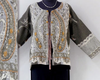 Gray and beige acrylic wool blend cardigan jacket embroidered with traditional floral and arabesque designs