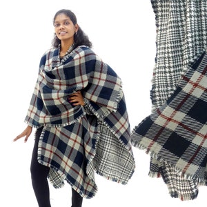 Large poncho shawl in wool and cotton woven with Scottish and houndstooth patterns