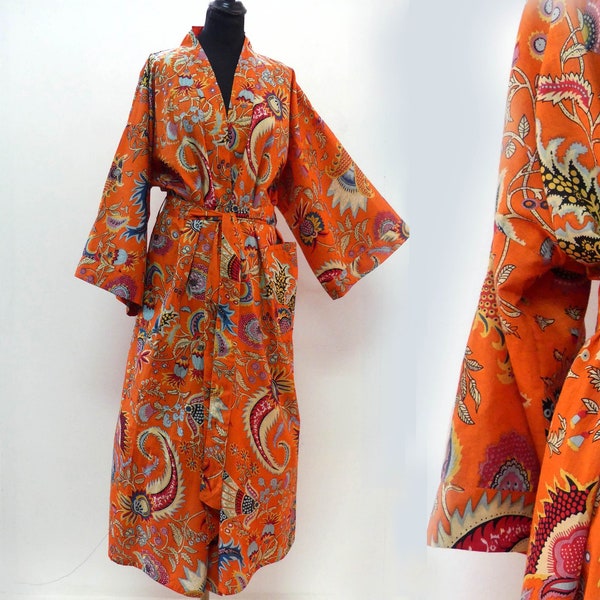 orange and multicolored kimono dress with paisley designs