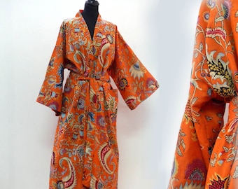 Longo kimono laranja paisley estampado roupão para homem ou mulher tamanho grande lounge wear kimono vestido roupão de maternidade