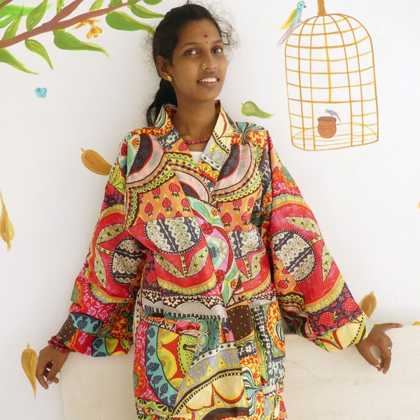 COTTON  LINED  KIMONO robe woman in multicolored cotton printed with  fruits  patterns and plain cotton interior