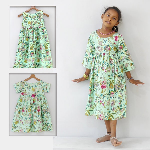 Robe petite fille à manches longues en coton vert à petites fleurs   imprimé paradise,light green