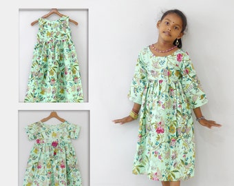 Robe petite fille à manches longues en coton vert à petites fleurs   imprimé paradise,light green