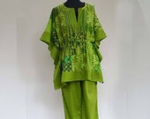 Women 39 s Pyjama set cotton Interior dress print patchwork green anise and trousers solid green