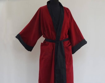 Kimono man or woman reversible dressing gown plain black and plain burgundy in cotton for man or woman all sizes possible