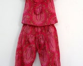 Cotton little girl set and pantsRed printed paisley, lined with Red plain cotton