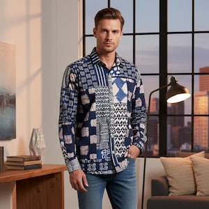 Men's long-sleeved shirt in digitally printed cotton canvas with indigo blue patchwork pattern.