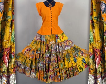 Long skirt with multicolored yellow ruffles boho fashion with elastic belt for all sizes