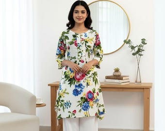 Túnica larga de mujer en algodón estampado con cuello redondo y cierre con botones delanteros, túnica blanca.