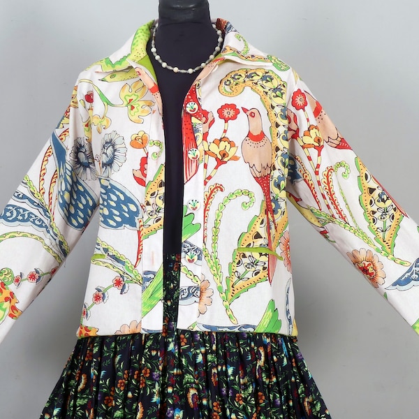 VESTE COURTE col officier femme Veste mi-saison ajustée en toile de coton imprimée Veste doublée boutonnée sur le devant, multi