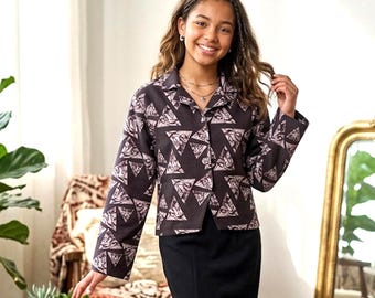 Black Geometric Cotton Canvas Jacket, Women’s Structured Jacket, Minimalist Printed Jacket, Lined Casual Jacket, 55 cm Length