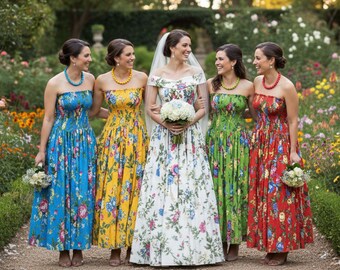 Mustard Yellow Floral Maxi Dress – Strapless Cotton Boho Dress – Multicolor Flower Print Long Dress – Summer Vacation Dress
